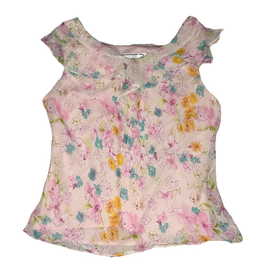 Vintage 90s Karin Stevens Top Women's 10P Pink Floral Ruffle Fairy Coquette